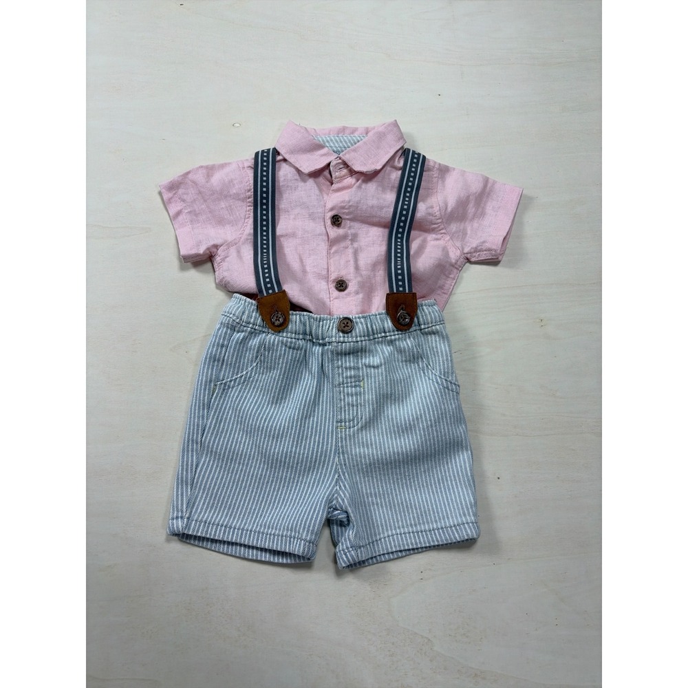 Little Lad Baby Boy 3pc Pink Linen Blend Shirt Striped Shorts Suspenders Set6/9M